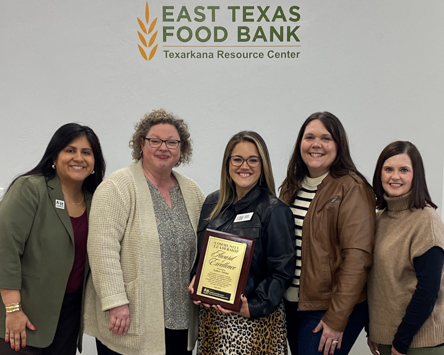East Texas Food Bank’s Amber Adams was recently named the Community Leadership Excellence Award winner by the A&M-Texarkana School of Professional Education and Community Service. Pictured in the photo are (from left) Dr. Jennifer Davis, Dr. Lisa Myers, Amber Adams, Rachael Cherry, and Tina Reed.